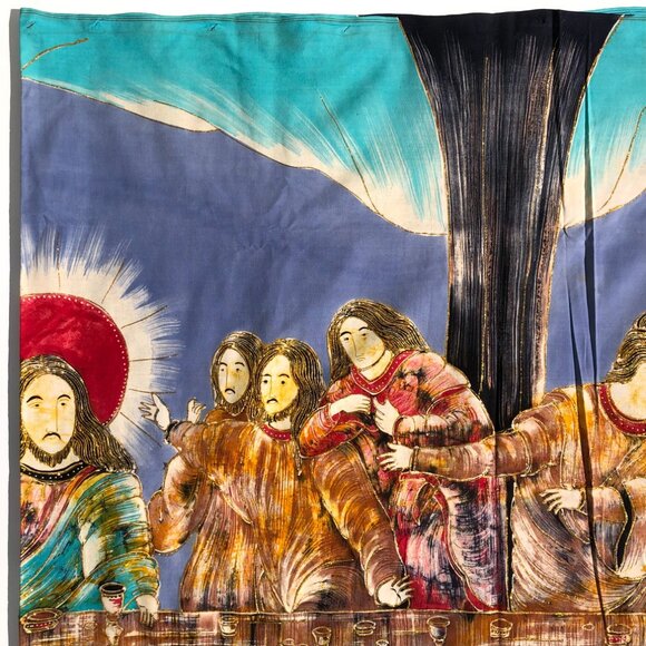 The Last Supper Batik Fabric Art Panel large vintage AS IS Jesus Christianity - Picture 9 of 15
